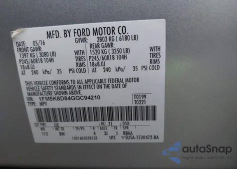 2016 Ford Explorer Xlt из США, поврежденный, VIN 1FM5K8D84GGC94210